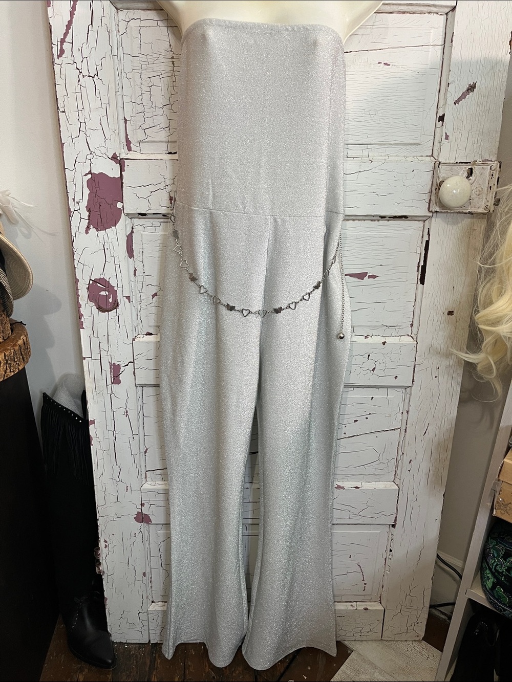 NWT Sz 12-14 Lg No Boundaries Silver Strapless Wide-Leg Jumpsuit with Chain Belt